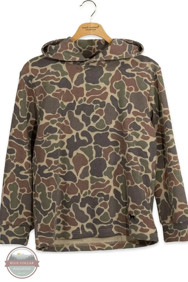 Simply Southern 0226-YTH-MN-HD-THRML-DKCAMO Kid's Camo Thermal Hoodie shown on Hanger