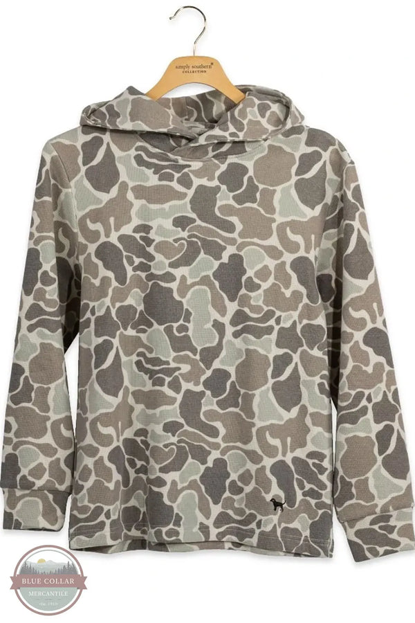 Simply Southern 0226-YTH-MN-HD-THRML-LTCAMO Kid's Camo Thermal Hoodie shown on Hanger