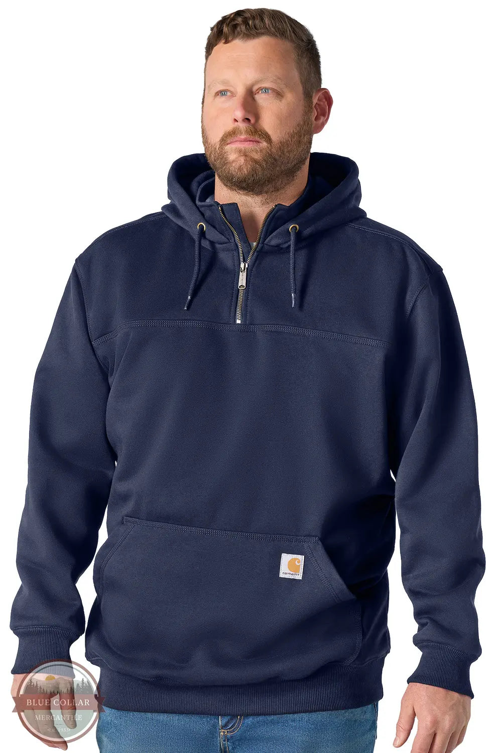 Carhartt 100617-472 Paxton Loose Fit Quarter Zip Hoodie with Rain Defender shown in New Navy