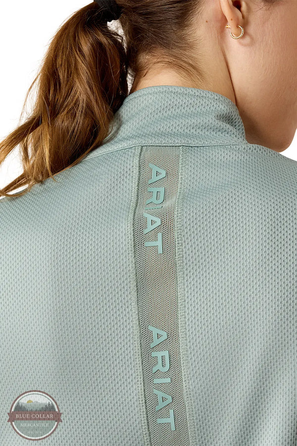 Ariat 10071807 Women's Breather Half Zip Pullover Sweatshirt in Green close up of back with logo
