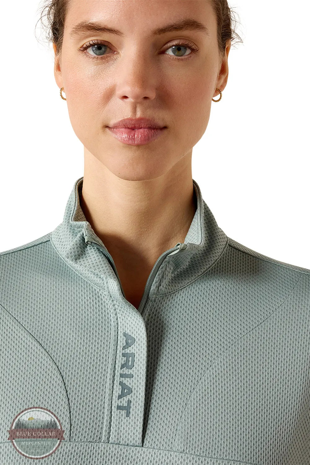Ariat 10071807 Women's Breather Half Zip Pullover Sweatshirt in Green close up of collar shown