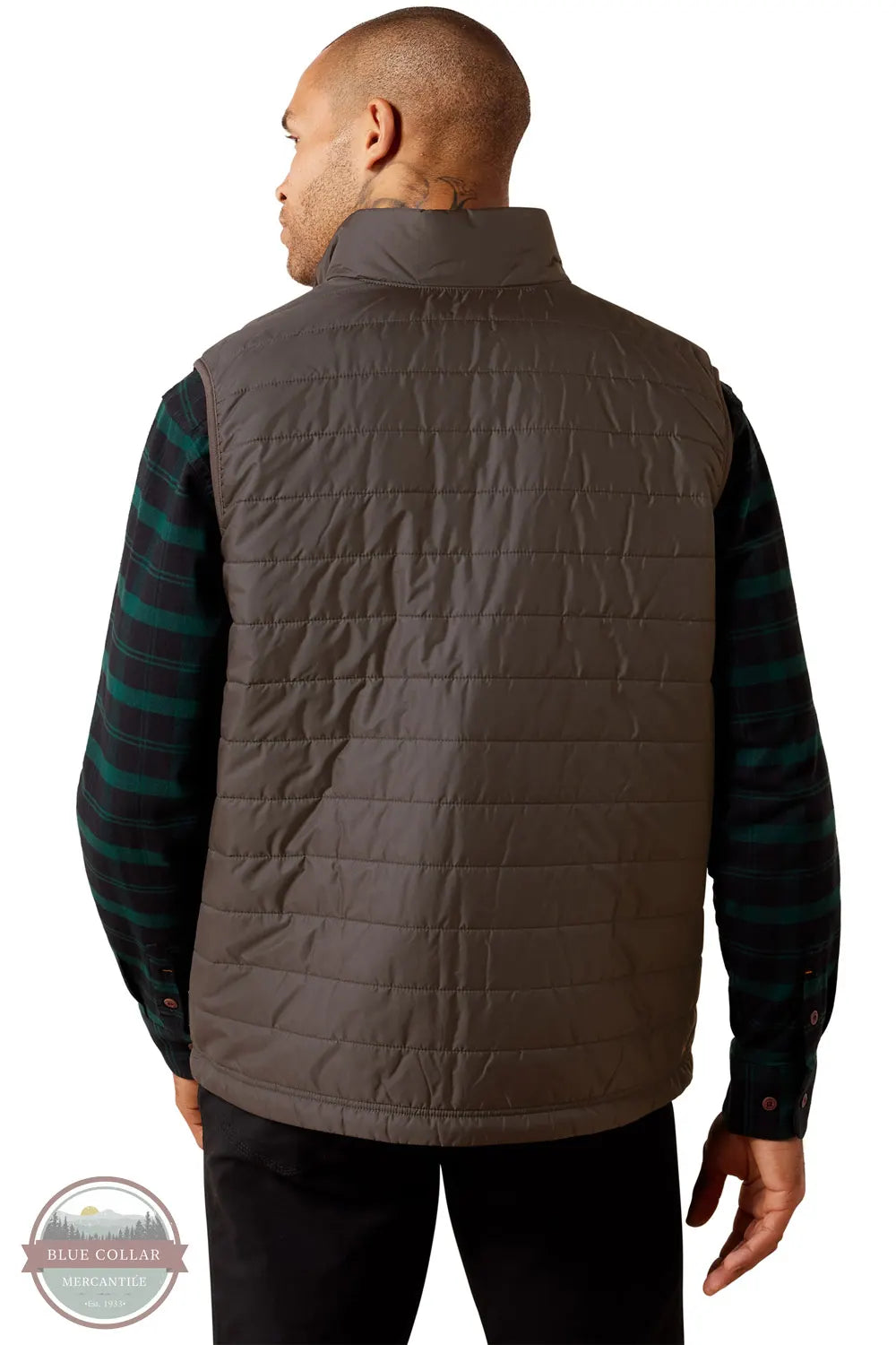 Ariat 10078941 Men's Rebar Cordura Ripstop Lightweight Insulated Vest in Caribou Brown modeled for back view