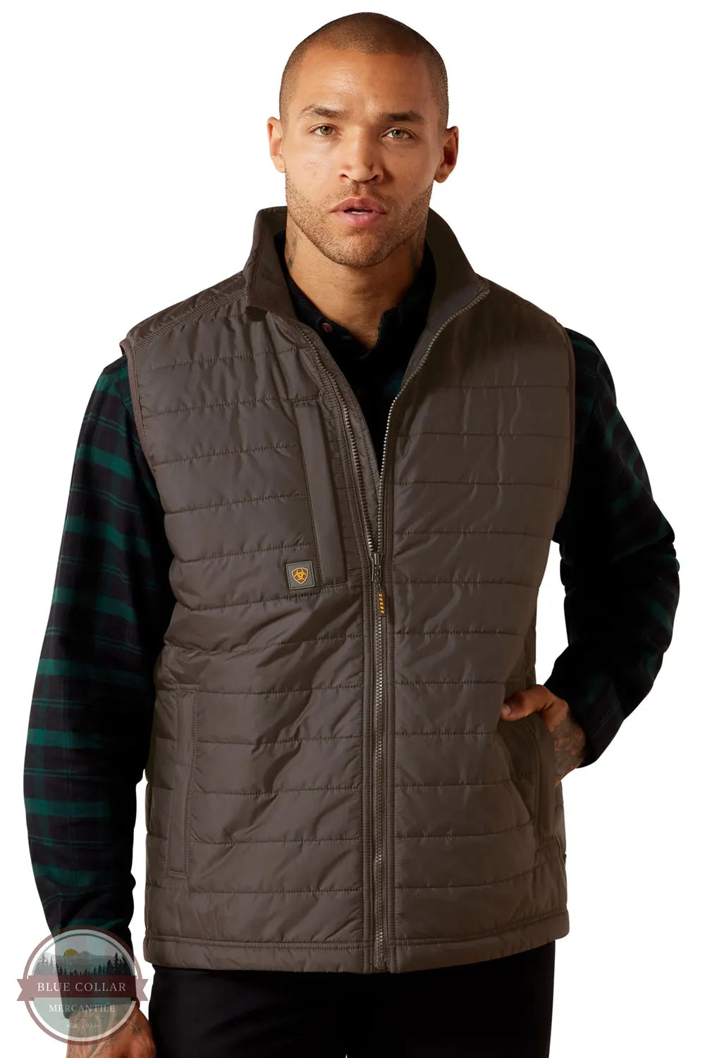 Ariat 10078941 Men's Rebar Cordura Ripstop Lightweight Insulated Vest in Caribou Brown modeled in front view
