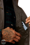 Ariat 10078941 Men's Rebar Cordura Ripstop Lightweight Insulated Vest in Caribou Brown model showing inside pocket