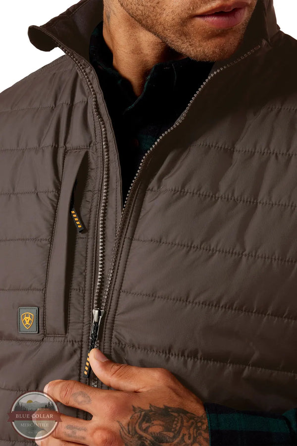 Ariat 10078941 Men's Rebar Cordura Ripstop Lightweight Insulated Vest in Caribou Brown model showing zipper detail