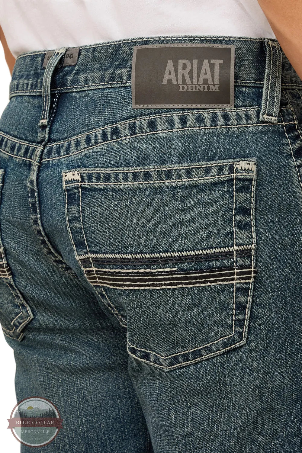 Ariat 10078954 Men's Slim Mike Taper Leg Jean in Kentucky Blue back pocket detail view