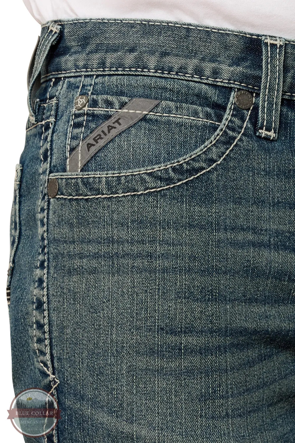 Ariat 10078954 Men's Slim Mike Taper Leg Jean in Kentucky Blue front pocket detail view