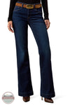 Ariat 10079195 Women's Perfect Rise Vilma Ultrastretch Trouser Jeans in Hayward, A model wearing dark blue flare jeans with a brown belt, a black long-sleeve top, and brown heeled boots, shown from the waist down on a white background.