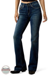 Ariat 10079240 Women's High Rise Teresa Slim Trouser Jeans in Decatur, A model wearing a pair of dark blue bootcut jeans with a slight flare at the hem, paired with black shoes, shown from the waist down on a white background.