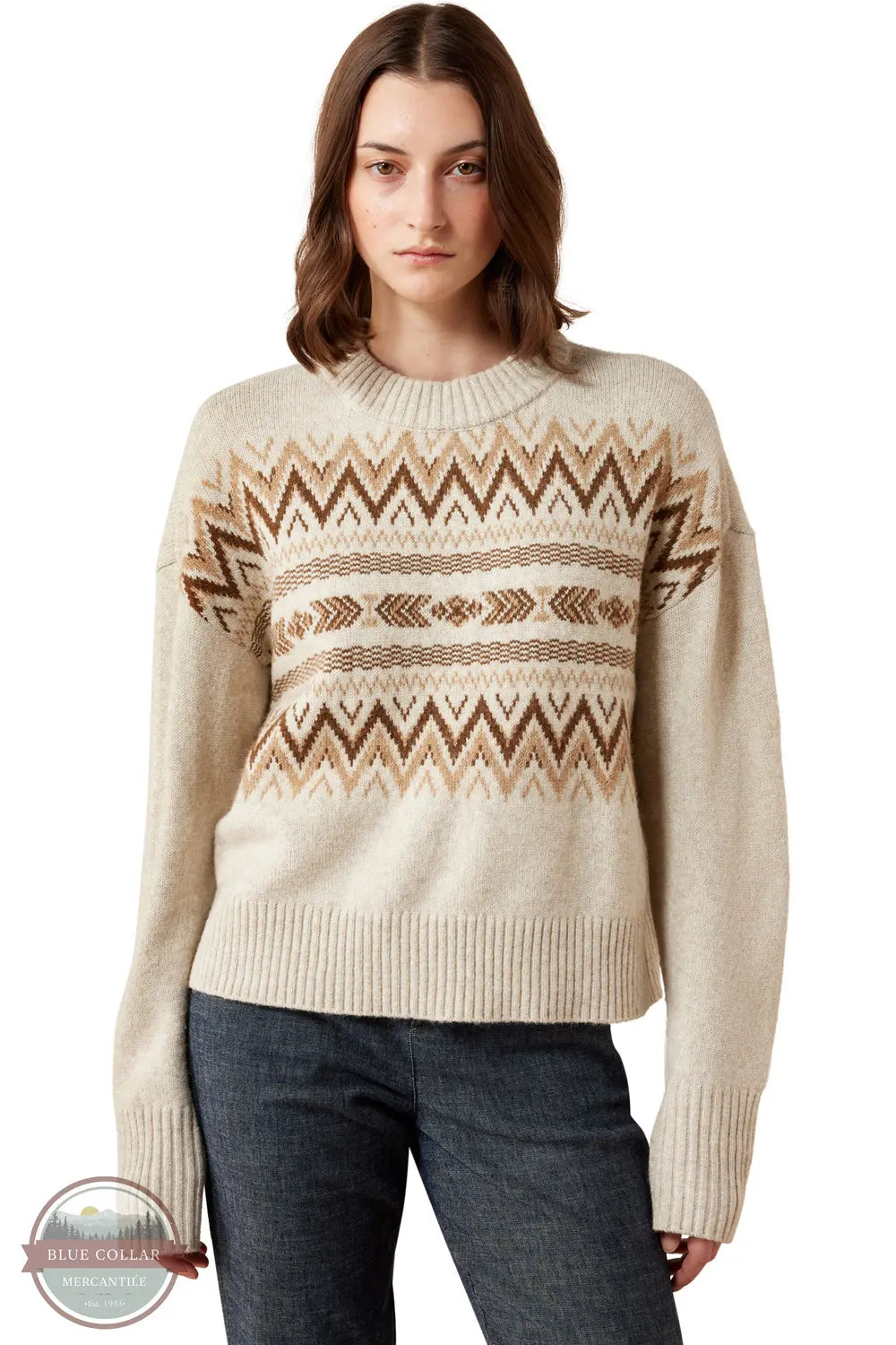 Ariat 10079254 Women's Lodge Sweater in Oatmeal Heather full front image on model of sweater