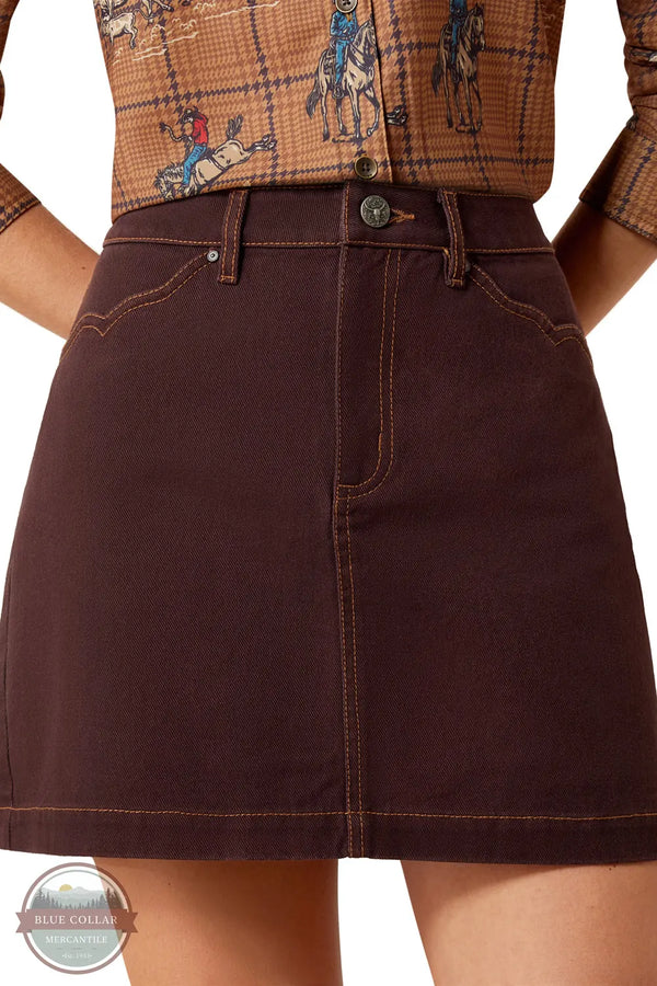 Ariat 10079671 Women's Cavalry Mini Skirt in Chocolate Plum close up front view showing western detailing of skirt