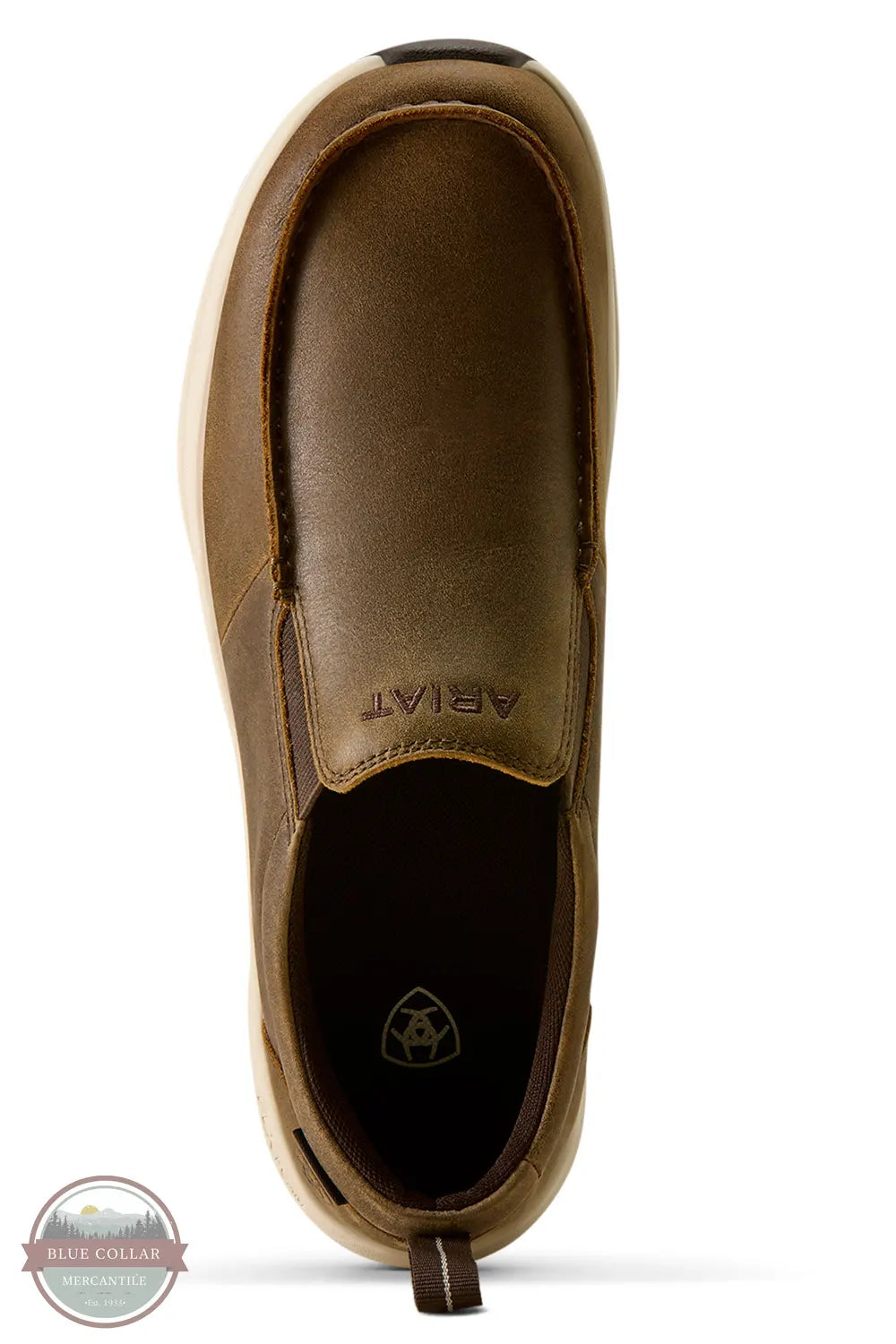 Ariat 10080275 Men's Buckeye Slip On Waterproof Shoe in Brown Bomber, A single brown leather slip-on shoe by Ariat, shown from a top-down view on a white background with a small circular 'Blue Collar Wholesale' watermark in the bottom-left corner.