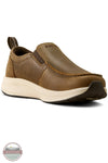 Ariat 10080275 Men's Buckeye Slip On Waterproof Shoe in Brown Bomber, A brown slip-on shoe with a thick cream-colored midsole and a black outsole, shown from a three-quarters angle on a white background.