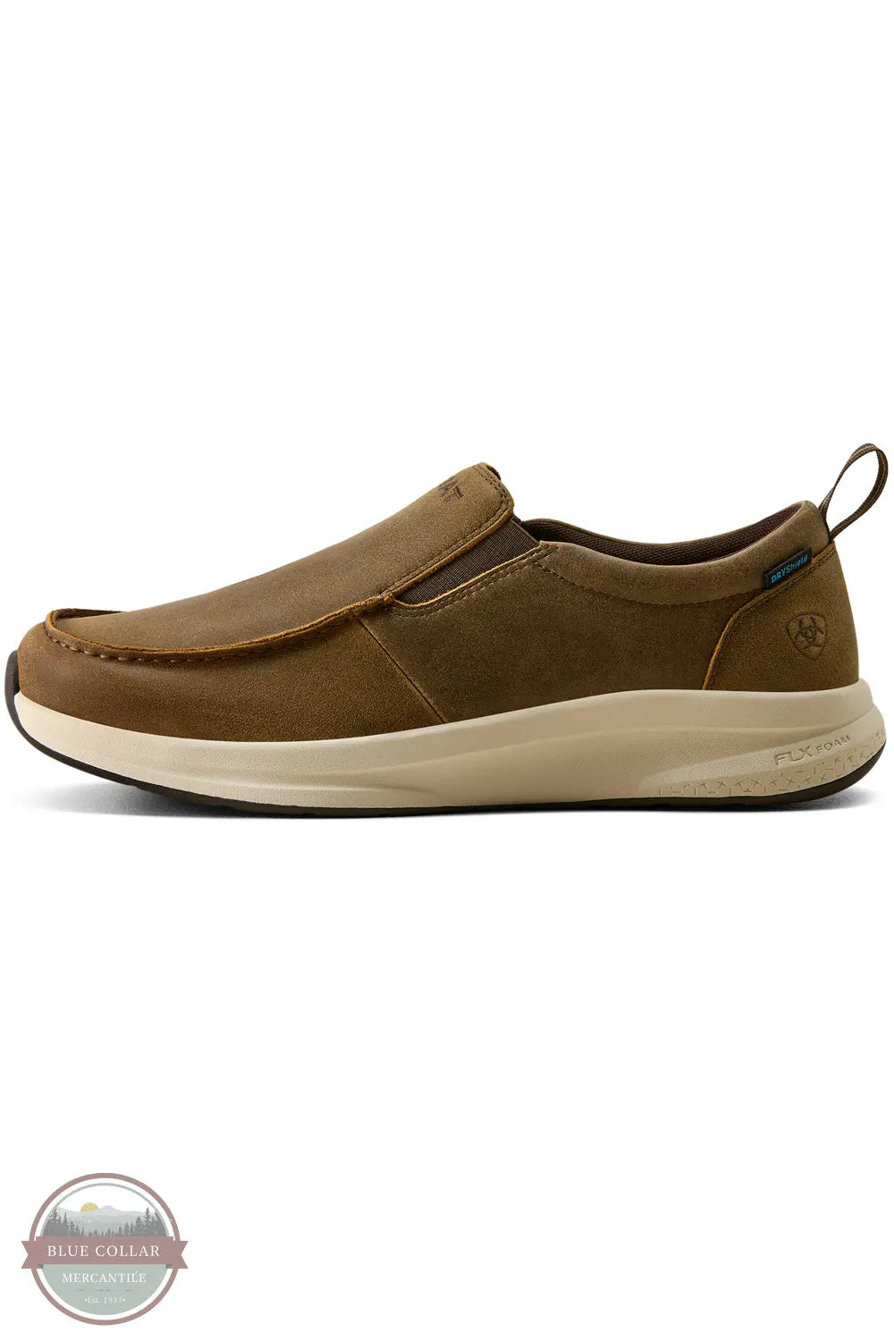 Ariat 10080275 Men's Buckeye Slip On Waterproof Shoe in Brown Bomber, A single brown slip-on shoe with a thick beige midsole, shown in profile against a white background. A small circular logo is visible on the heel, and a 'Blue Collar' watermark is in the bottom-left corner.