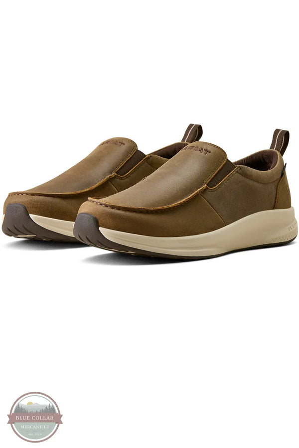 Ariat 10080275 Men's Buckeye Slip On Waterproof Shoe in Brown Bomber, A pair of brown slip-on moccasin-style shoes with beige midsoles and dark brown outsoles, shown on a plain white background.