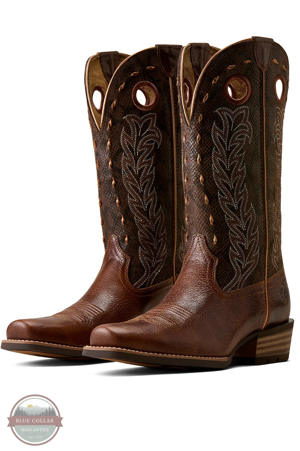 Ariat 10080295 Lucera Narrow Cutter Toe Western Boot in Deepest Tan / Chocolate Snake Print pair shown together
