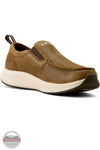Ariat's 10080297 Women's Buckeye Slip On Waterproof Shoe in Brown Bomber, A slip-on sneaker in brown suede with a thick cream-colored midsole and a dark brown outsole, shown from a three-quarters angle on a white background.