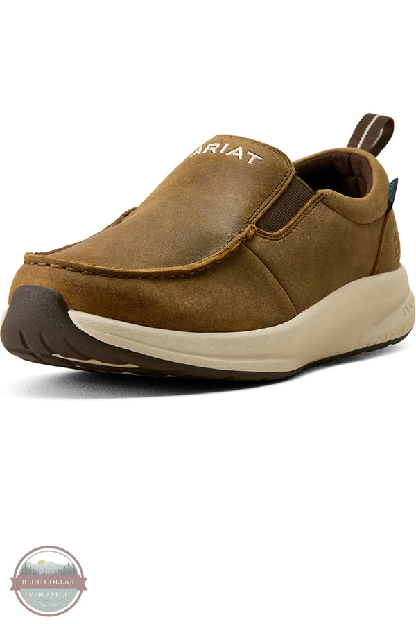 Ariat's 10080297 Women's Buckeye Slip On Waterproof Shoe in Brown Bomber, A single Ariat slip-on shoe in brown suede and leather, featuring a cream midsole and a dark brown outsole, shown against a plain white background.