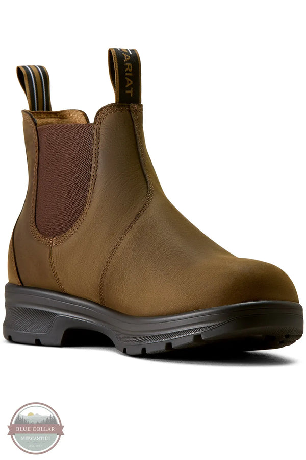 Ariat 10080326 Cooper Chelsea Boot in Distressed Tan. A single brown leather Chelsea-style boot with elastic side panels and a dark sole, shown on a white background. The pull tab at the back shows the brand name ARIAT.