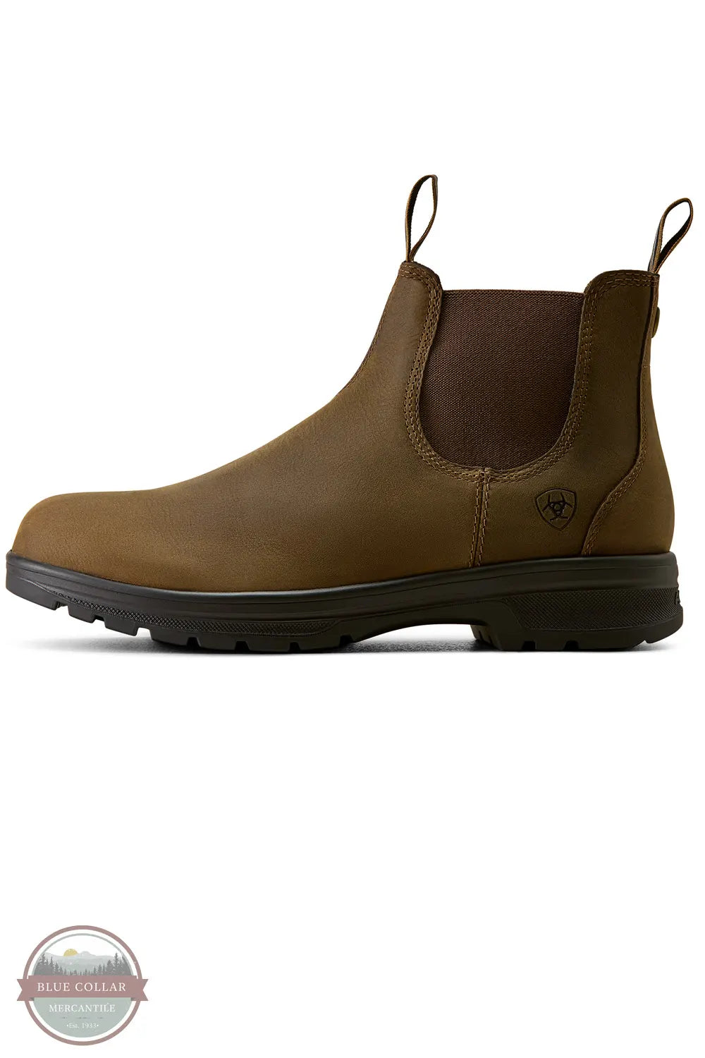 Ariat 10080326 Cooper Chelsea Boot in Distressed Tan. A brown leather Chelsea boot with elastic side panels and a dark sole, shown in a side profile on a white background.