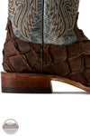 Ariat's 10080345 Men's Riverside Exotics Print Square Toe Western Boot in Chocolate Bass Print / Indigo Honor Blue, Close-up of a brown leather cowboy boot showing the textured crocodile-embossed side panel, wooden heel, and part of the western embroidered shaft on a white background.