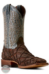 Ariat's 10080345 Men's Riverside Exotics Print Square Toe Western Boot in Chocolate Bass Print / Indigo Honor Blue, A single brown western cowboy boot with a textured crocodile-embossed toe and upper shaft, featuring a gray suede-like shaft with white embroidered scrollwork, shown on a white background.