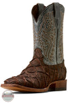 Ariat's 10080345 Men's Riverside Exotics Print Square Toe Western Boot in Chocolate Bass Print / Indigo Honor Blue, A single western cowboy boot shown in profile on a white background. The boot has a dark brown crocodile-embossed toe and midfoot, a medium brown stitched shaft, and a gray-green textured upper shaft with white embroidery.