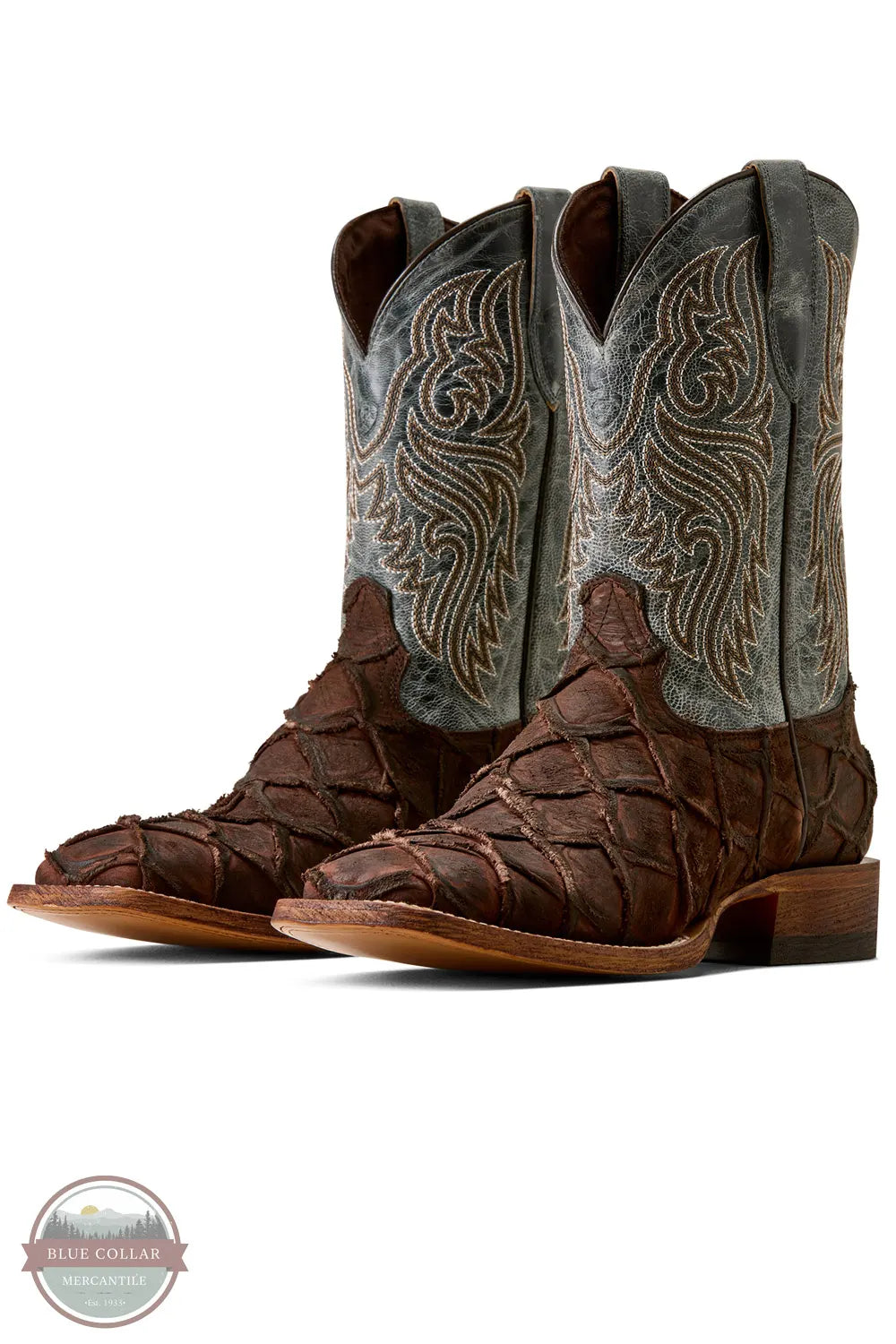 Ariat's 10080345 Men's Riverside Exotics Print Square Toe Western Boot in Chocolate Bass Print / Indigo Honor Blue, A pair of Blue Collar Western boots featuring dark brown textured leather footwork and light gray distressed shafts with intricate embroidery, shown on a white background with a Blue Collar logo watermark in the lower-left corner.