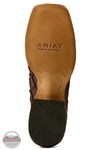 Ariat's 10080345 Men's Riverside Exotics Print Square Toe Western Boot in Chocolate Bass Print / Indigo Honor Blue, The bottom sole of a brown leather cowboy boot by Ariat, featuring a tan leather insole with the brand name embossed and a dark green textured rubber heel.