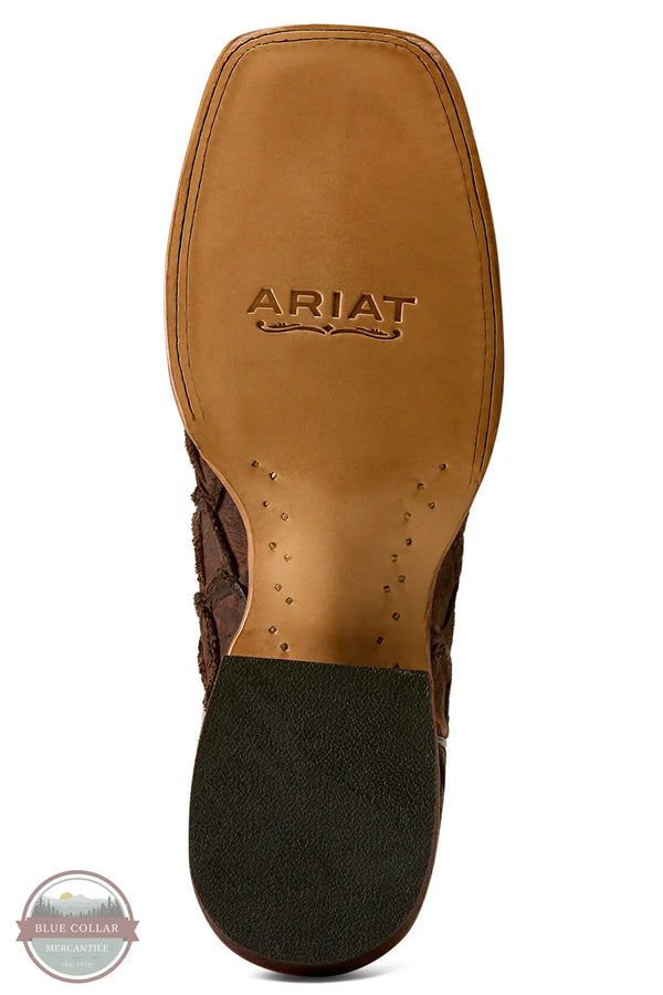 Ariat's 10080345 Men's Riverside Exotics Print Square Toe Western Boot in Chocolate Bass Print / Indigo Honor Blue, The bottom sole of a brown leather cowboy boot by Ariat, featuring a tan leather insole with the brand name embossed and a dark green textured rubber heel.