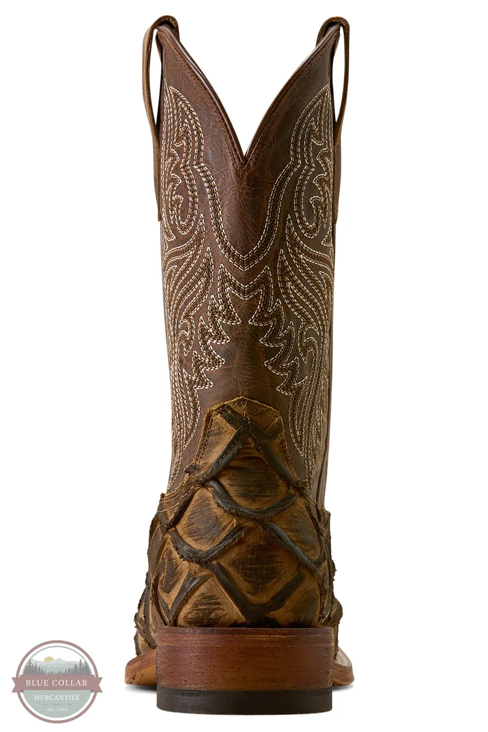 Ariat's 10080347 Men's Riverside Square Toe Cowboy Boot | Exotic Print in Tan Bass/Loco Brown, A single brown leather cowboy boot shown from the back, featuring intricate white embroidered patterns on the shaft and a textured, embossed diamond pattern near the heel, set against a plain white background.