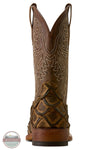 Ariat's 10080347 Men's Riverside Square Toe Cowboy Boot | Exotic Print in Tan Bass/Loco Brown, A single brown leather cowboy boot shown from the back, featuring intricate white embroidered patterns on the shaft and a textured, embossed diamond pattern near the heel, set against a plain white background.