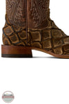 Ariat's 10080347 Men's Riverside Square Toe Cowboy Boot | Exotic Print in Tan Bass/Loco Brown, A close-up side view of a brown western boot featuring a textured alligator or crocodile-embossed pattern on the lower section, contrast stitching on the shaft, and a stacked wood-look heel, shown against a white background.