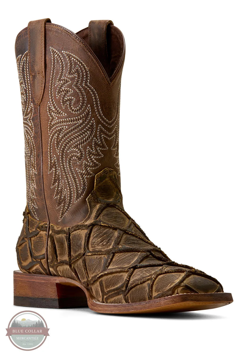 Ariat's 10080347 Men's Riverside Square Toe Cowboy Boot | Exotic Print in Tan Bass/Loco Brown, A single brown leather cowboy boot with embossed reptile-scale texture on the lower shaft and foot, white western embroidery on the upper shaft, and a stacked wood heel, shown on a white background.