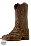 Ariat's 10080347 Men's Riverside Square Toe Cowboy Boot | Exotic Print in Tan Bass/Loco Brown, A brown western cowboy boot with a crocodile-embossed pattern on the foot and shaft, featuring white embroidered stitching on the shaft, shown against a white background.