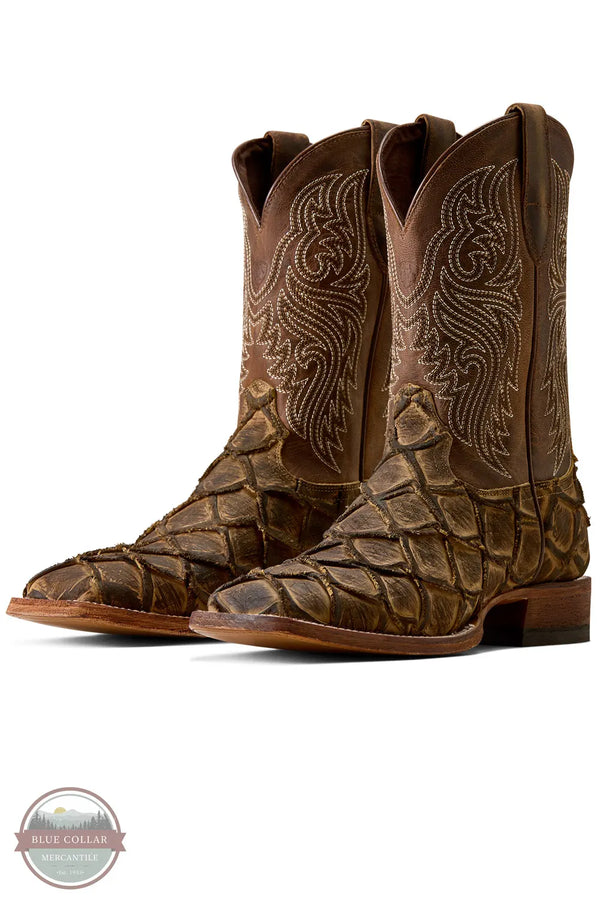 Ariat's 10080347 Men's Riverside Square Toe Cowboy Boot | Exotic Print in Tan Bass/Loco Brown, A pair of brown western cowboy boots featuring a textured crocodile or alligator-print lower section and detailed western embroidery on the shafts, shown against a plain white background.