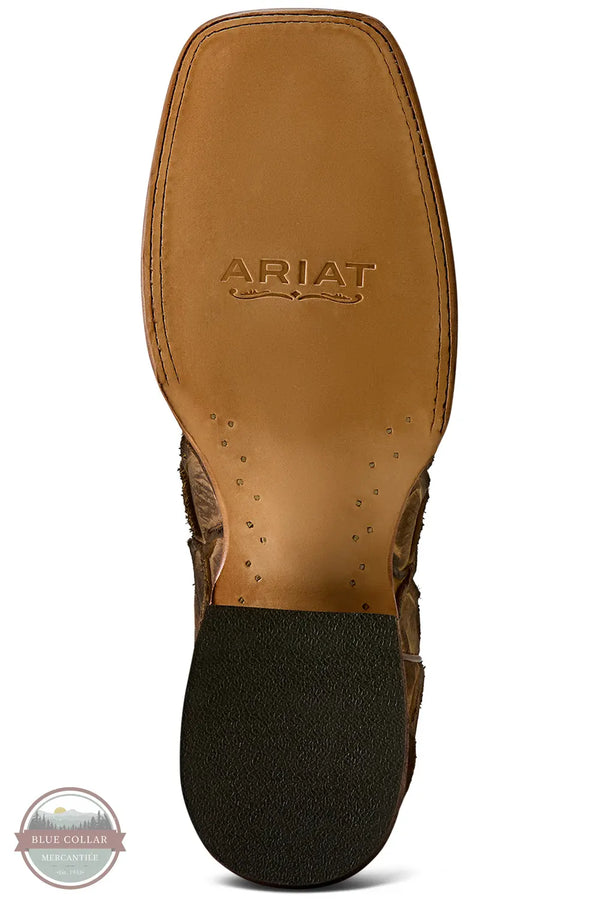 Ariat's 10080347 Men's Riverside Square Toe Cowboy Boot | Exotic Print in Tan Bass/Loco Brown, A close-up bottom view of an Ariat boot showing the tan leather footbed with the embossed ARIAT logo and a black textured heel, on a white background.