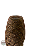 Ariat's 10080347 Men's Riverside Square Toe Cowboy Boot | Exotic Print in Tan Bass/Loco Brown, Close-up of the toe area of a brown textured western boot, showing a crocodile-embossed or alligator-scale pattern on the vamp, with a white background.