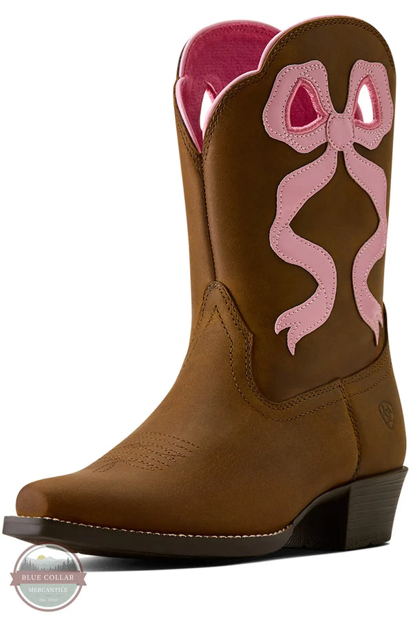 Ariat Girl's Lil Beaux D Toe Western Boot in Distressed Brown opposite 3/4 view shown