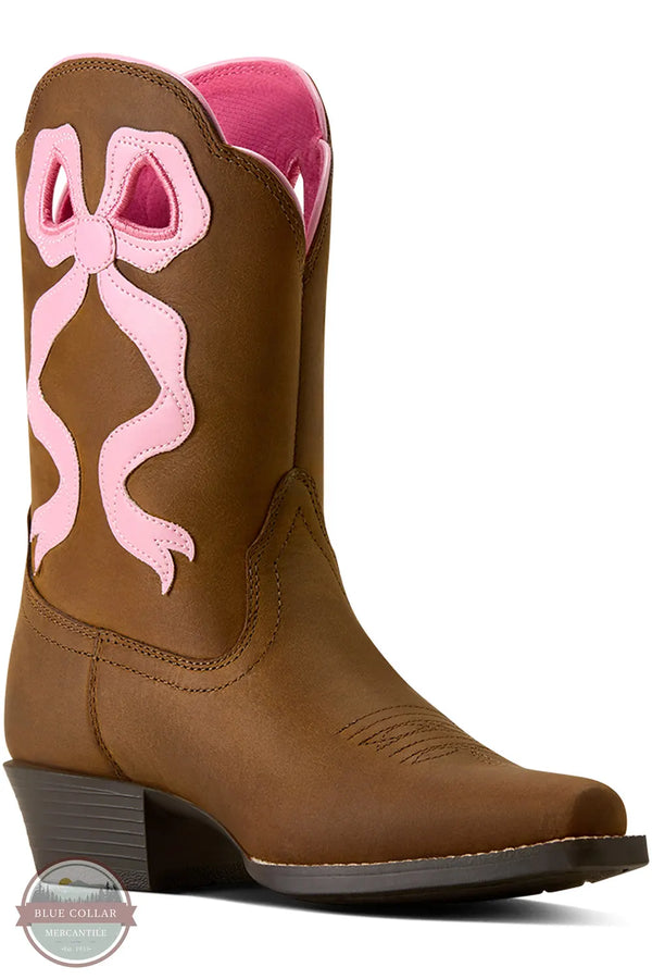Ariat Girl's Lil Beaux D Toe Western Boot in Distressed Brown main 3/4 image shown