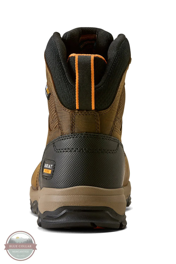 Ariat's 10080450 Men's Stryker Neo 6" Waterproof Composite Toe Work Boot in Dark Brown, A brown and black Brax mid-calf work boot shown from a rear three-quarter angle on a white background, featuring a tan outsole and a small yellow Brax logo patch.