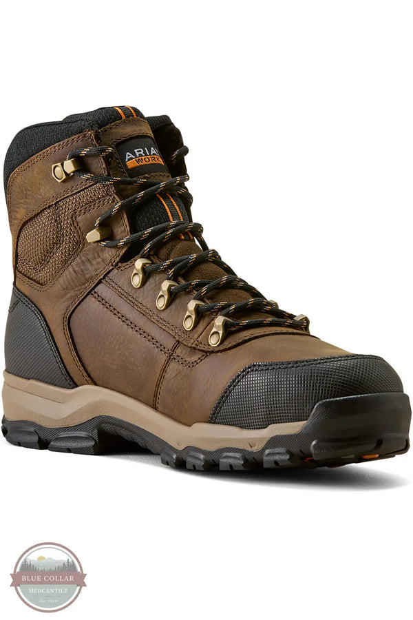 Ariat's 10080450 Men's Stryker Neo 6" Waterproof Composite Toe Work Boot in Dark Brown, A brown leather high-top work boot by Aria Work Boots, featuring black laces, gold metal eyelets, a black toe cap, and a beige and black sole, shown on a white background with a Blue Collar Wholesale watermark.