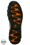 Ariat's 10080450 Men's Stryker Neo 6" Waterproof Composite Toe Work Boot in Dark Brown, The outsole of a brown hiking boot with a black tread pattern and bright orange accents, featuring the Ariat logo in the center.