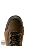 Ariat's 10080450 Men's Stryker Neo 6" Waterproof Composite Toe Work Boot in Dark Brown, Close-up top view of a brown leather lace-up boot with black toe cap and black-and-gold laces, shown on a white background.