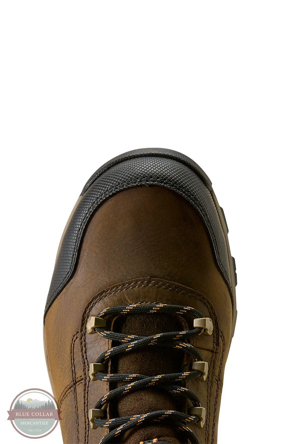 Ariat's 10080450 Men's Stryker Neo 6" Waterproof Composite Toe Work Boot in Dark Brown, Close-up top view of a brown leather lace-up boot with black toe cap and black-and-gold laces, shown on a white background.