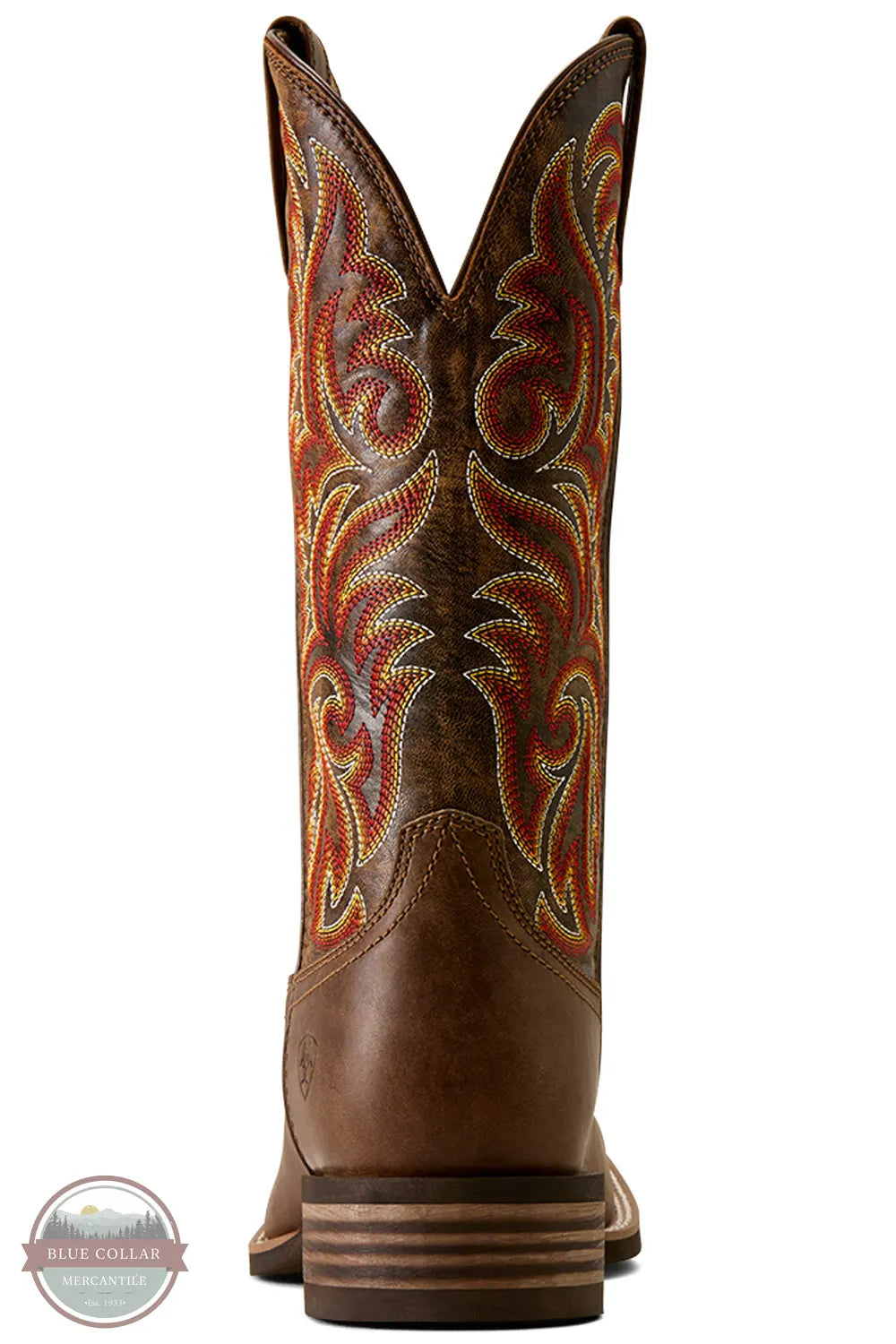 Ariat's 10080535 Men's Arrowrock Wide Square Toe Cowboy Boot in Bronzed Mocha / Tobacco Tan, A single brown leather cowboy boot shown from the back, featuring ornate embroidered western patterns in red, orange, yellow, and white on the shaft, with a stacked brown heel and a Blue Collar logo watermark in the lower-left corner.