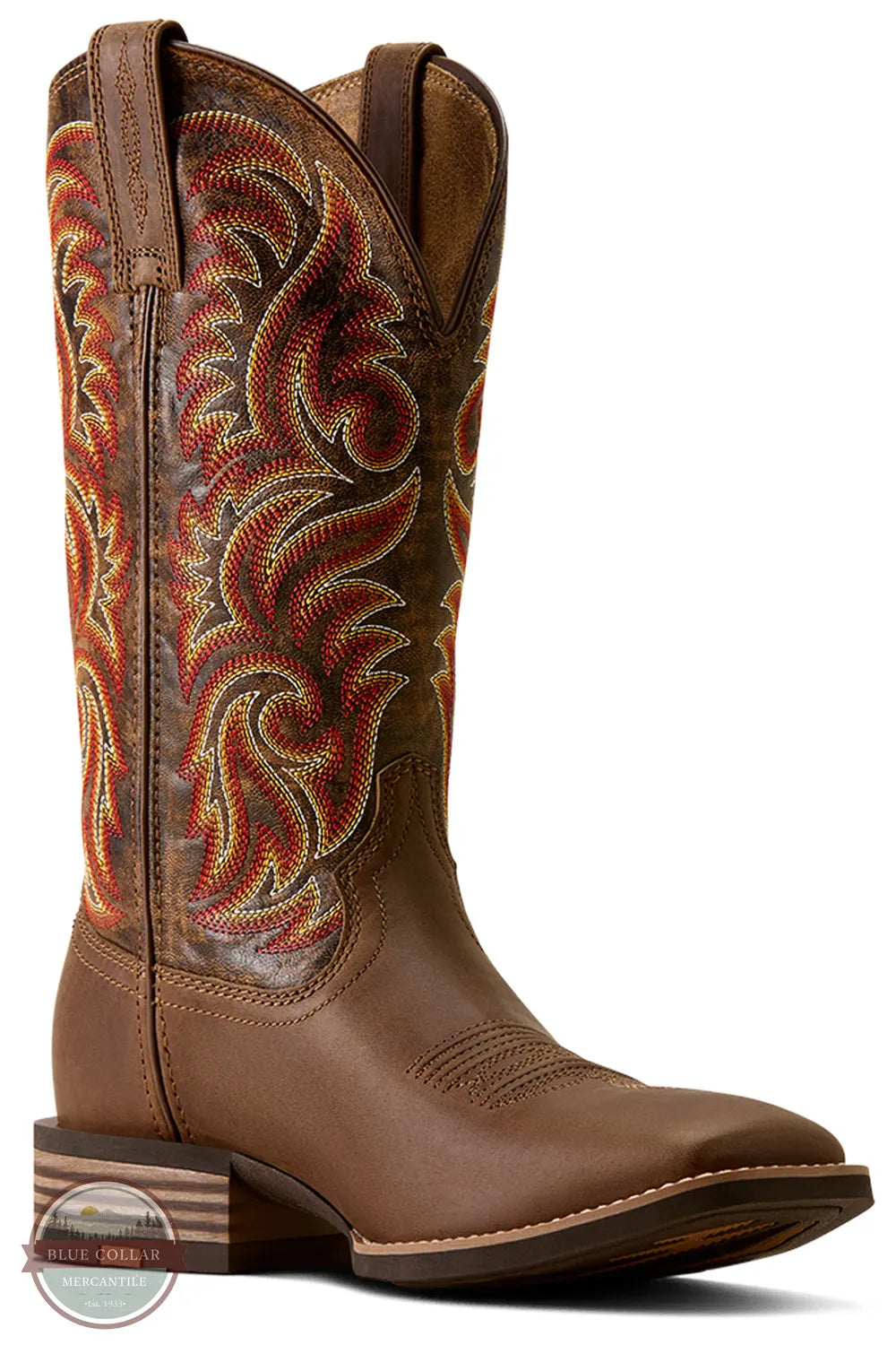 Ariat's 10080535 Men's Arrowrock Wide Square Toe Cowboy Boot in Bronzed Mocha / Tobacco Tan, A brown leather cowboy boot with intricate western embroidery in red, orange, and gold on the shaft, shown against a plain white background.