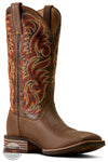 Ariat's 10080535 Men's Arrowrock Wide Square Toe Cowboy Boot in Bronzed Mocha / Tobacco Tan, A brown leather cowboy boot with intricate western embroidery in red, orange, and gold on the shaft, shown against a plain white background.