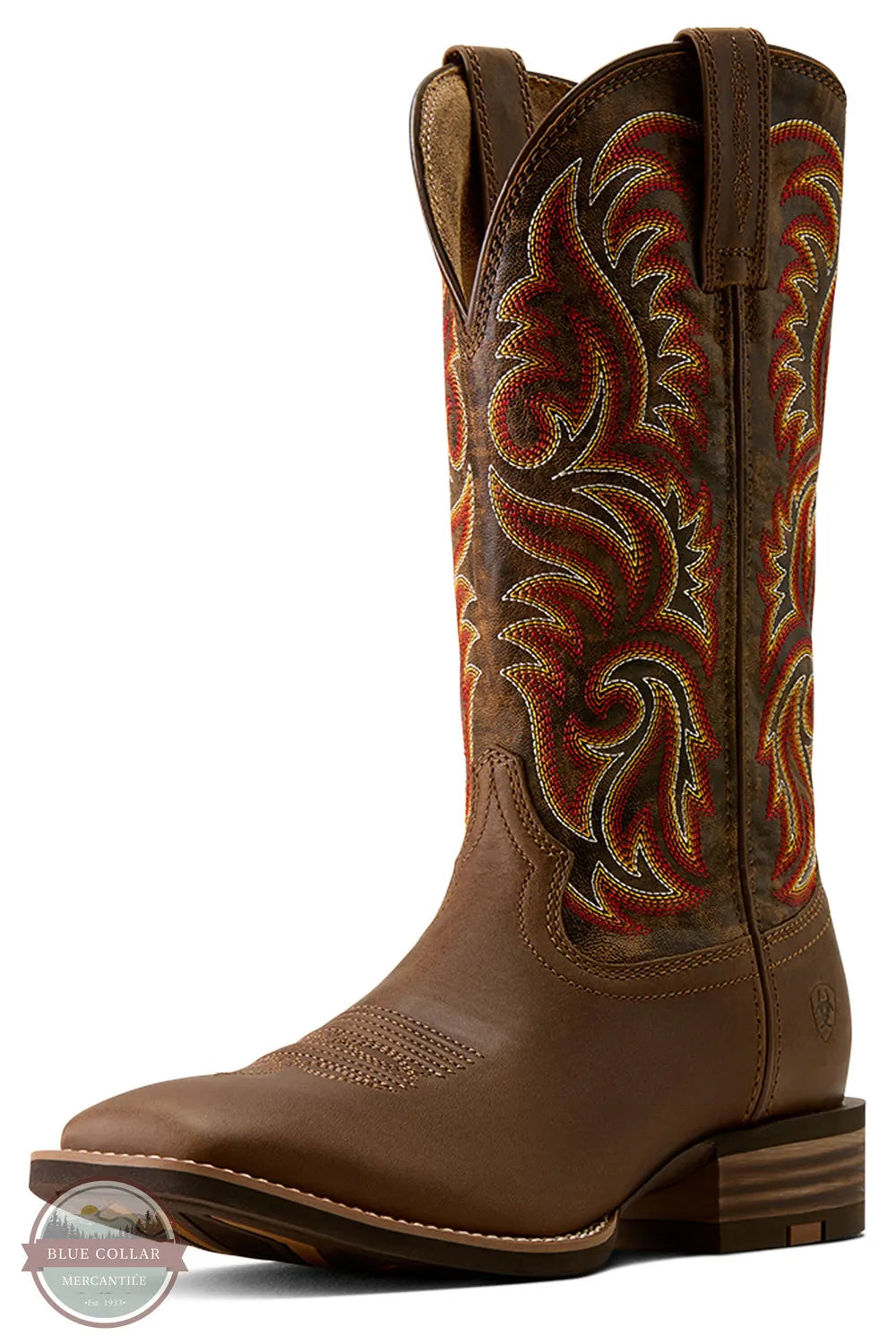 Ariat's 10080535 Men's Arrowrock Wide Square Toe Cowboy Boot in Bronzed Mocha / Tobacco Tan, A brown leather cowboy boot with a square toe and a highly decorative embroidered shaft featuring red, orange, and beige floral scrollwork, shown against a plain white background.