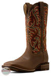 Ariat's 10080535 Men's Arrowrock Wide Square Toe Cowboy Boot in Bronzed Mocha / Tobacco Tan, A brown leather cowboy boot with a square toe and a highly decorative embroidered shaft featuring red, orange, and beige floral scrollwork, shown against a plain white background.